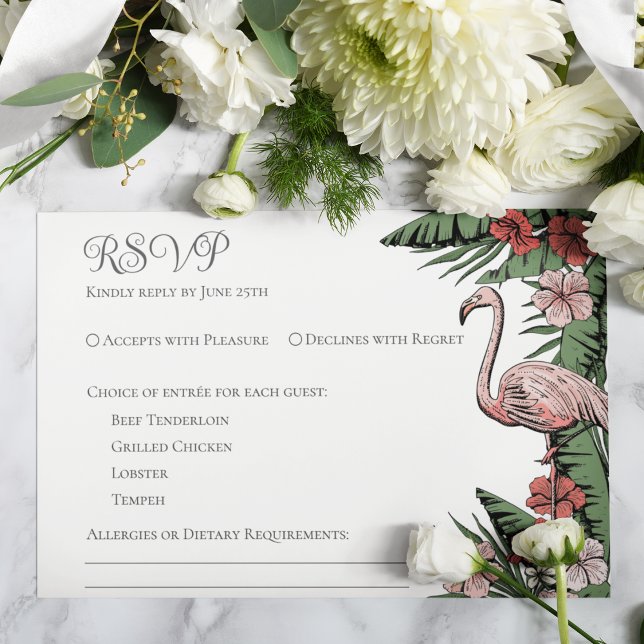 Tarjeta RSVP Blanca Boda Tropical (Elegant & Chic White Floral Flamingo Tropical, Summer or Beach Wedding RSVP Response Card. )