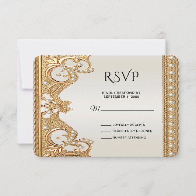 Tarjeta RSVP Blanca de Pearls Ornate Gold (Anverso)