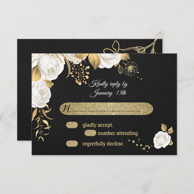 tarjeta RSVP blanca floral dorada (Anverso / Reverso)