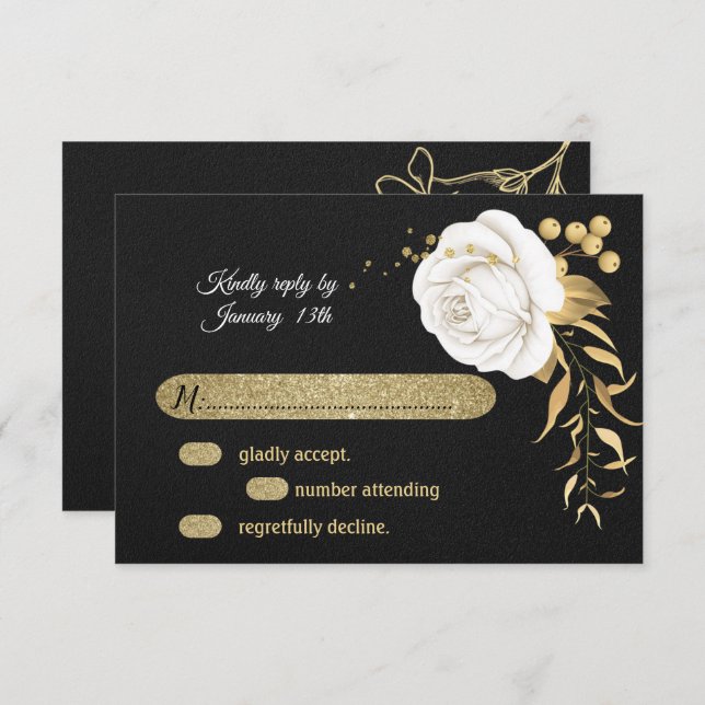 tarjeta RSVP blanca floral dorada (Anverso / Reverso)