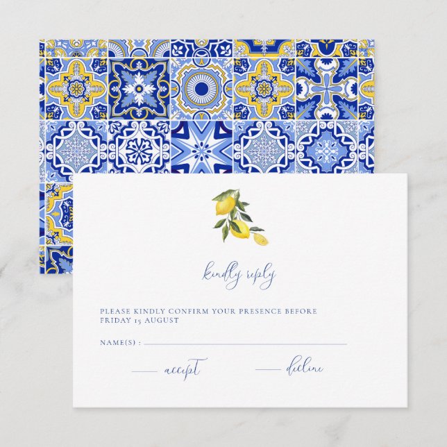 Tarjeta RSVP Blue Mediterranean Tile & Citrus Wedd (Anverso / Reverso)