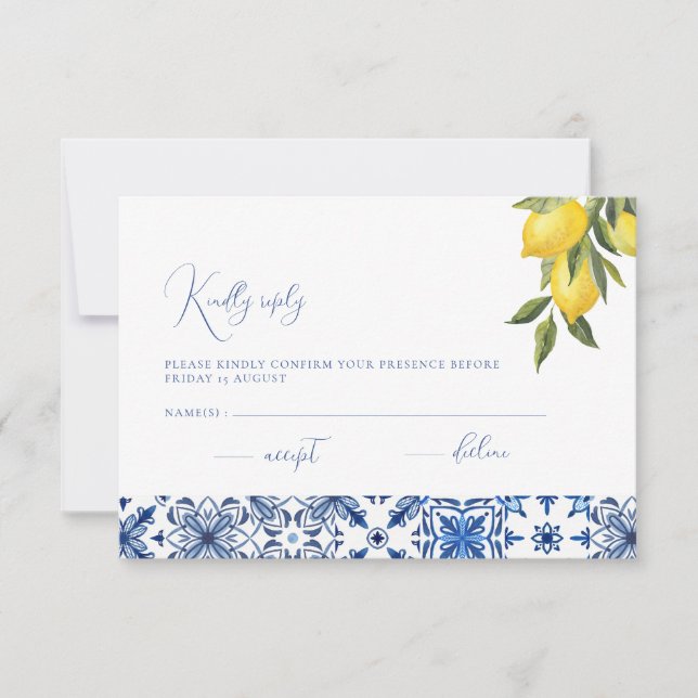 Tarjeta RSVP Blue Mediterranean Tile & Citrus Wedd (Anverso)