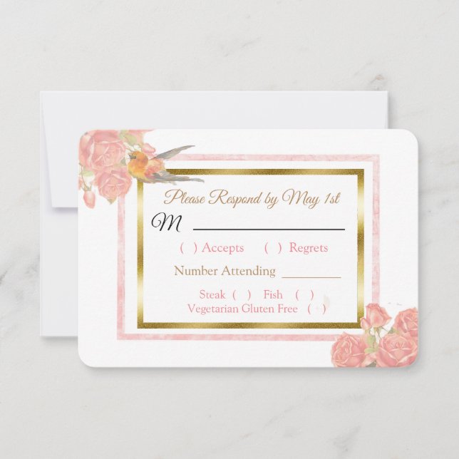 Tarjeta RSVP Blue PInk Gold Bird & Floral Wedding (Anverso)