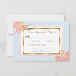 Tarjeta RSVP Blue PInk Gold Bird & Floral Wedding