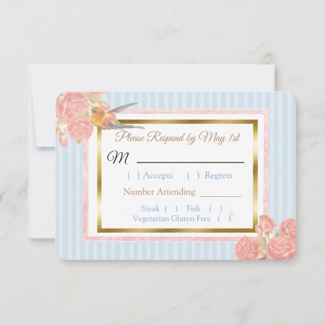 Tarjeta RSVP Blue PInk Gold Bird & Floral Wedding (Anverso)