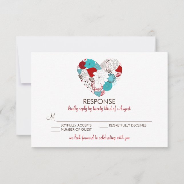 Tarjeta RSVP Blue Red Whimsical Floral Heart Weddi (Anverso)