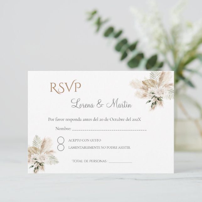 Tarjeta RSVP Boho de boda española (Anverso de pie)