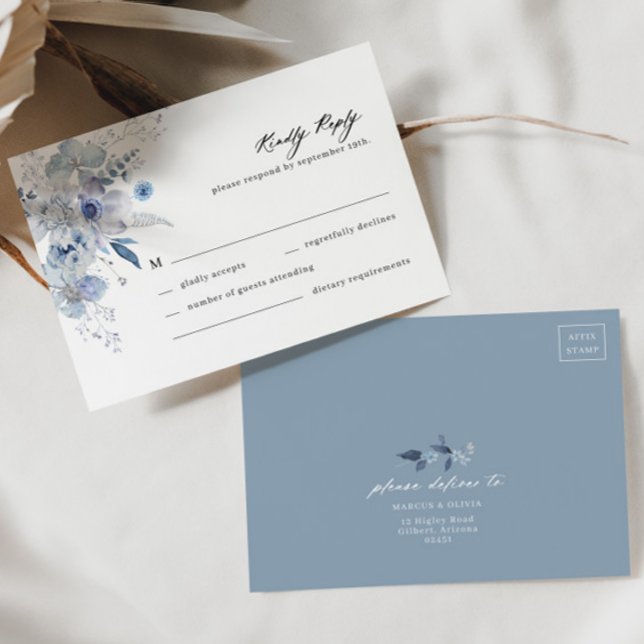 Tarjeta RSVP Boho Dusty Blue Wildflower Wedding (Dusty Blue RSVP Front/Back)
