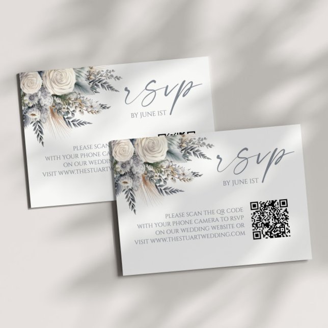 Tarjeta RSVP Boho Floral de rosa blanca QR Boda de (Subido por el creador)