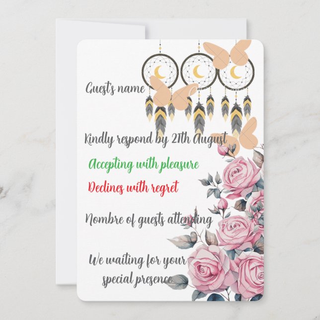 Tarjeta RSVP Boho Floral Dreamcatcher Wedding (Anverso)