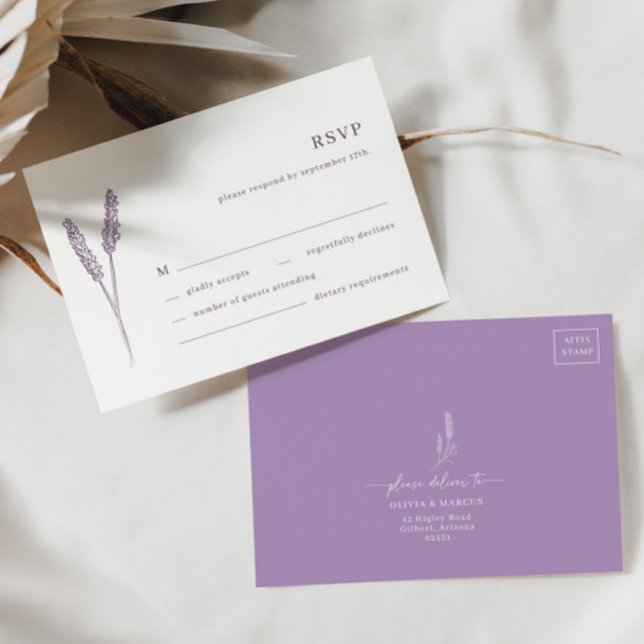 Tarjeta RSVP Boho Lavender Boda Minimalista Floral (RSVP Card Front/Back)