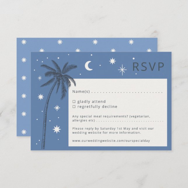 Tarjeta RSVP Boho Palm Springs Blue Wedding (Anverso / Reverso)