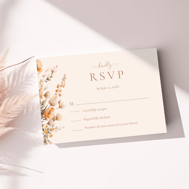Tarjeta RSVP Boho Terracotta Wildflowers Wedding (Boho Terracotta Wildflowers Wedding RSVP Card on a sunny table with neutral dry botanicals.)