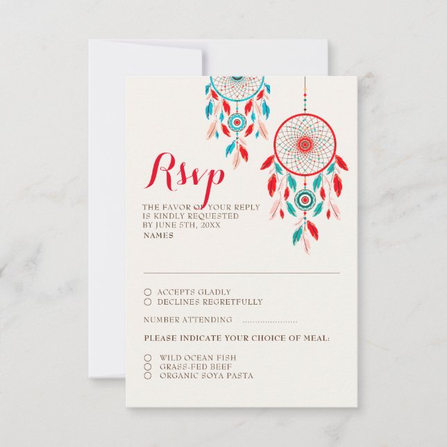 Tarjeta RSVP Boho Tribal Feather Dreamcatcher Wedd (Anverso)