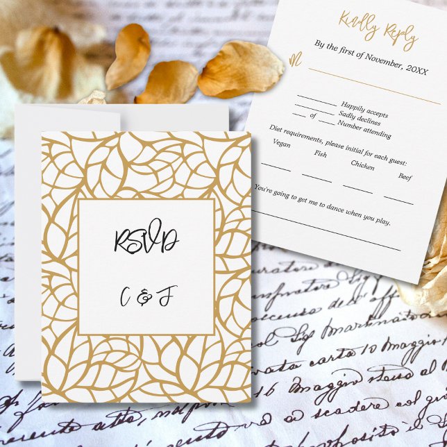 Tarjeta RSVP Botánica de Black White Gold Resumen (Black White Gold Abstract Botanical RSVP Card)
