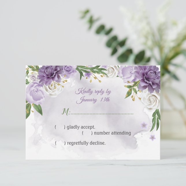 tarjeta RSVP botánica de flores púrpura (Anverso de pie)