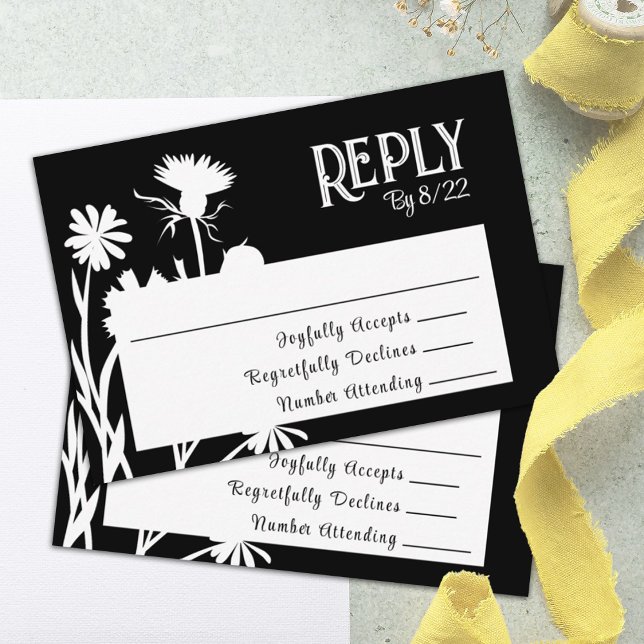 Tarjeta RSVP Botánica Negra Moderna (black floral rsvp, reply, response bat mitzvah rsvp enclosure card)