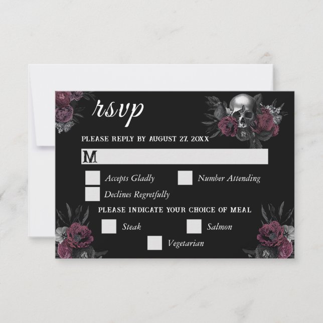 Tarjeta RSVP Burgundy Gothic Floral Skull Wedding (Anverso)