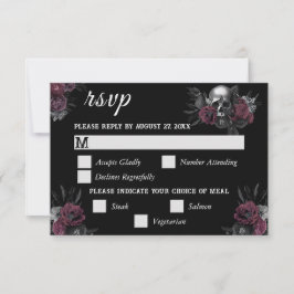 Tarjeta RSVP Burgundy Gothic Floral Skull Wedding