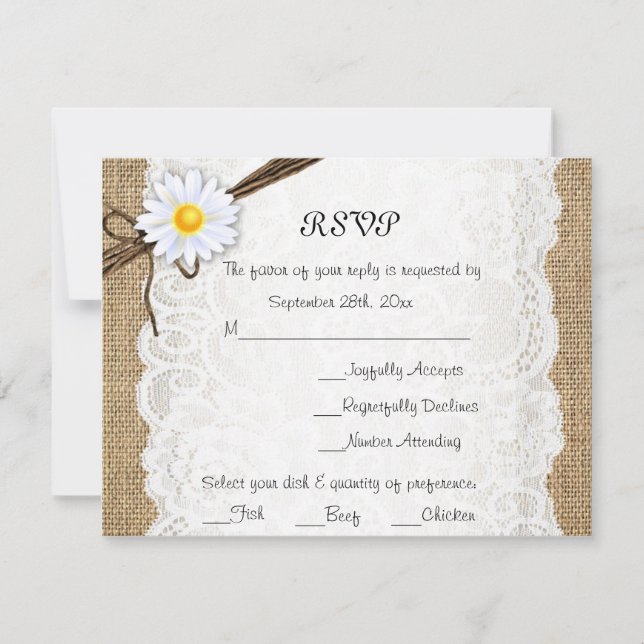 Tarjeta RSVP Burlap Rústico Lace Daisy Flower Wedd (Anverso)