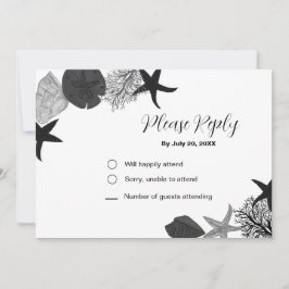 Tarjeta RSVP casual de conchas blancas-negras