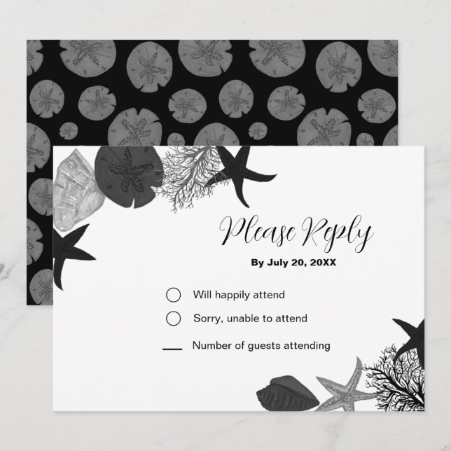 Tarjeta RSVP casual de conchas blancas-negras (Anverso / Reverso)