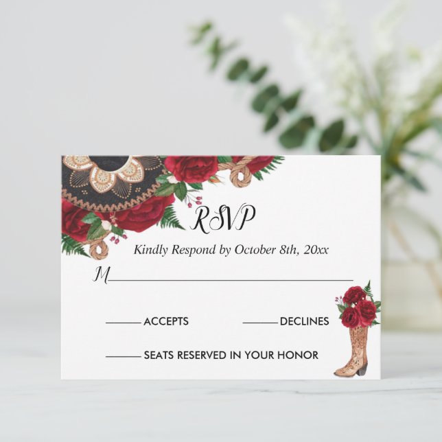 Tarjeta RSVP Charra Quinceañera, Roses Rojas Maria (Anverso de pie)