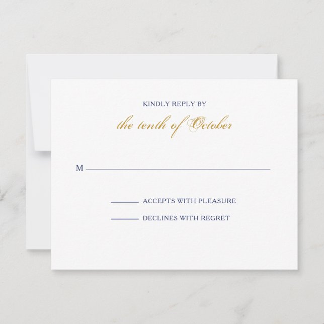 Tarjeta RSVP clásica de oro y marina (Anverso)