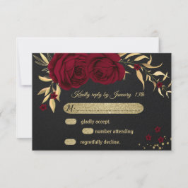 tarjeta RSVP color burdeos dorado floral negro