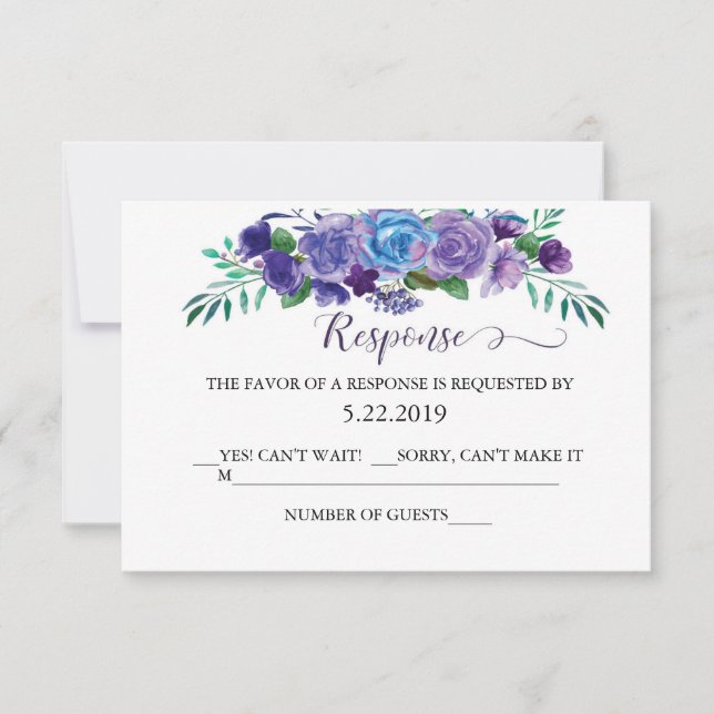 Tarjeta RSVP con flor morado y azul (Anverso)