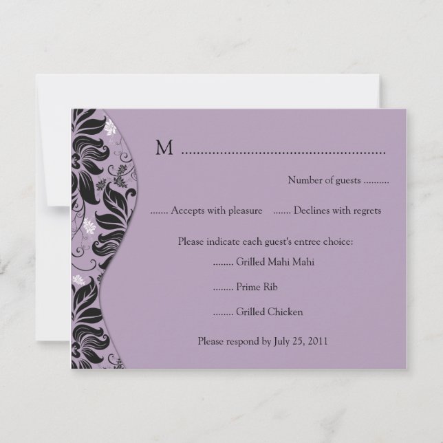 Tarjeta RSVP con floral púrpura y negra (Anverso)