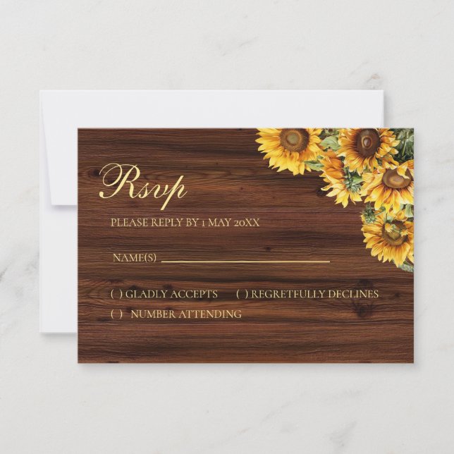 Tarjeta RSVP con flores de oro de girasoles rústic (Anverso)