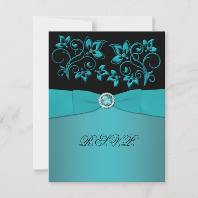 Tarjeta RSVP con flores verde azuladas y negras (Anverso)