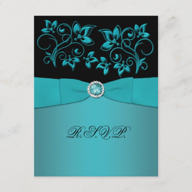 Tarjeta RSVP con flores verde azuladas y negras (Anverso)