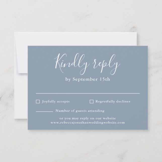 Tarjeta RSVP con guión mínimo de una boda azul tur (Anverso)