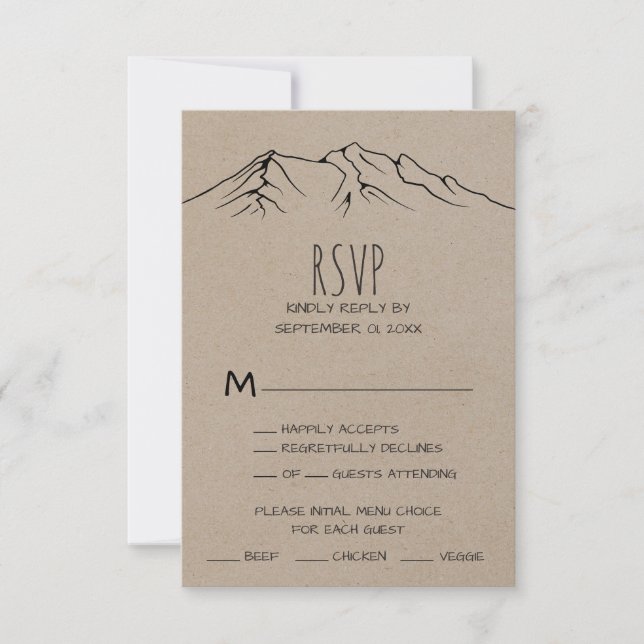 Tarjeta RSVP con menú rústico de montaña de madera (Anverso)