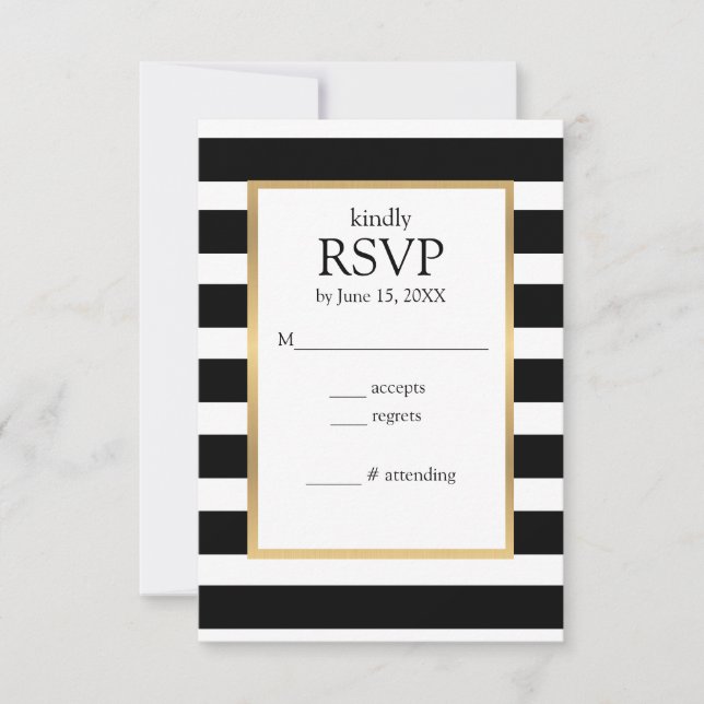 Tarjeta RSVP con tiras de rayas blancas y negras (Anverso)