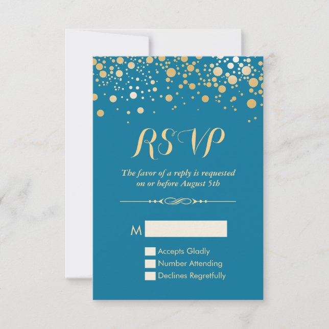 Tarjeta RSVP - Confetti dorado puntos azul real (Anverso)