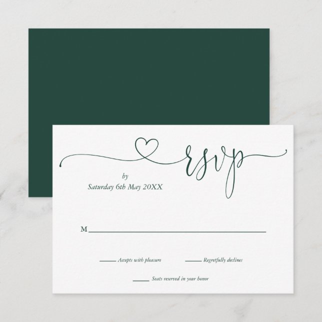 Tarjeta RSVP Corazón De Guión Esmeralda Y Blanco (Anverso / Reverso)