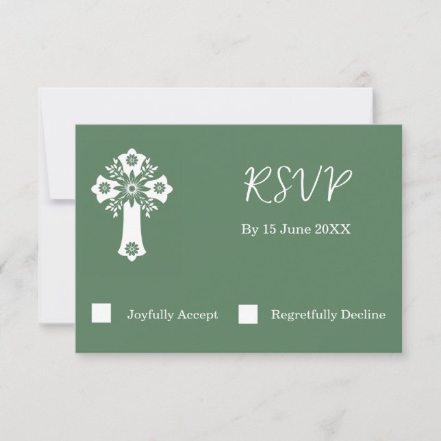 Tarjeta RSVP Cruz Floral Christening Fern Green (Anverso)