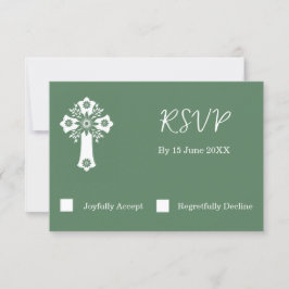 Tarjeta RSVP Cruz Floral Christening Fern Green
