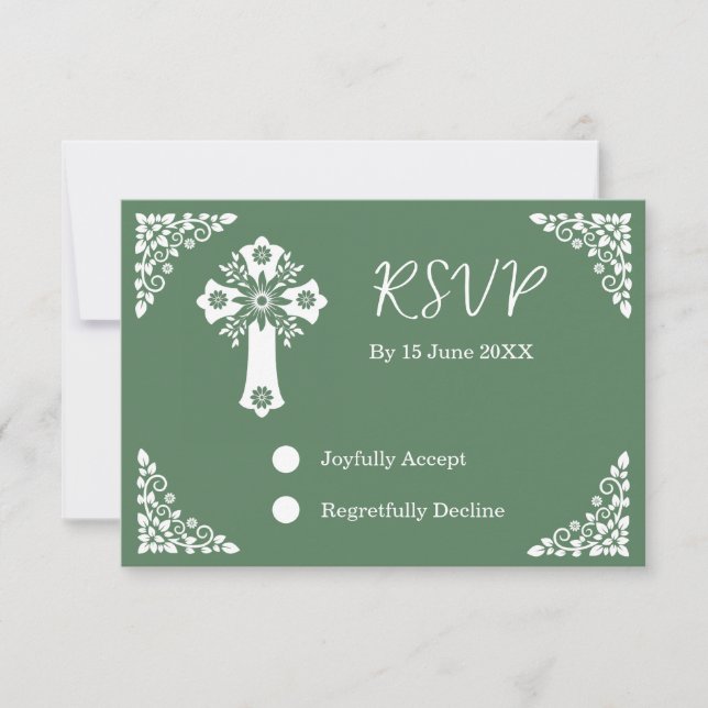 Tarjeta RSVP Cruz Floral Christening Fern Green (Anverso)
