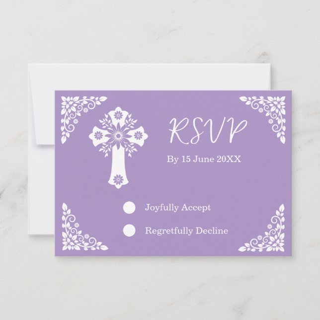 Tarjeta RSVP Cruz Floral Christening Lilac (Anverso)