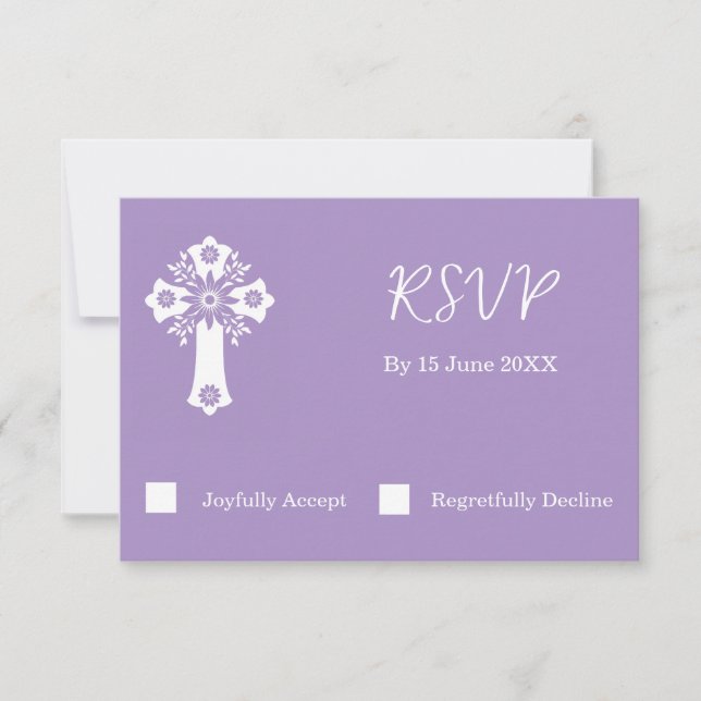 Tarjeta RSVP Cruz Floral Christening Lilac (Anverso)