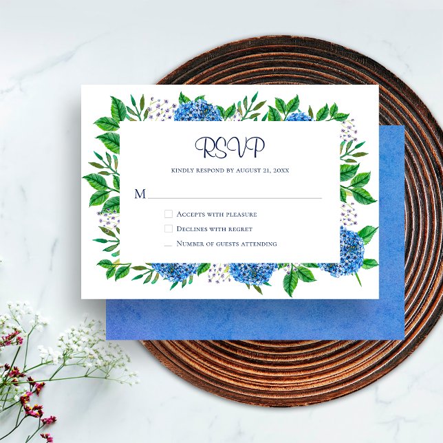 Tarjeta RSVP de acuarela de Hydrangeas Rusas Blue (Front / Back)