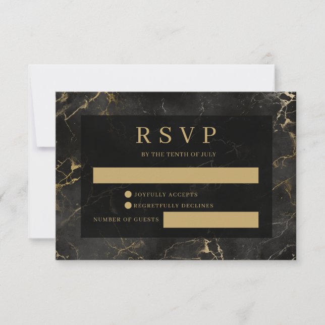 Tarjeta RSVP de agrimenado de mármol dorado negro (Anverso)