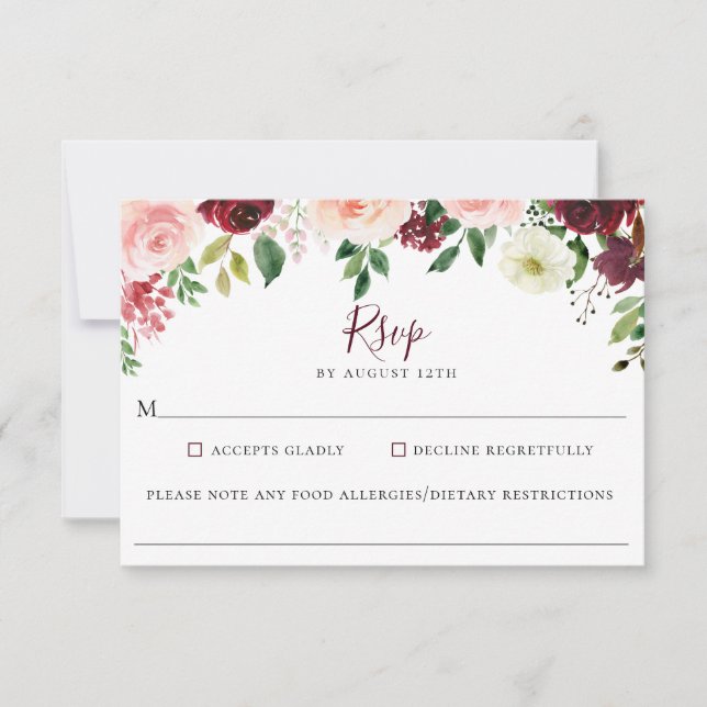Tarjeta RSVP de Alimentos para Boda Floral Rojo de (Anverso)