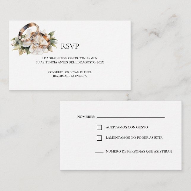 Tarjeta RSVP de anillo de boda dorado (Anverso / Reverso)