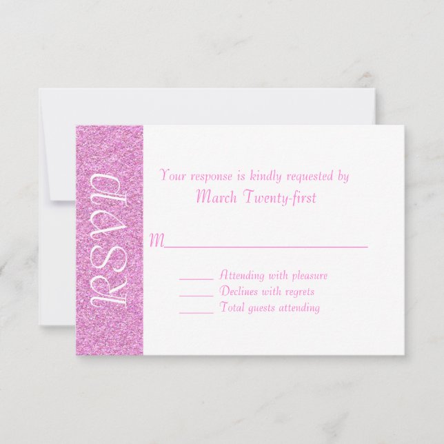 Tarjeta RSVP de aspecto rosa y Purpurina blanco pa (Anverso)
