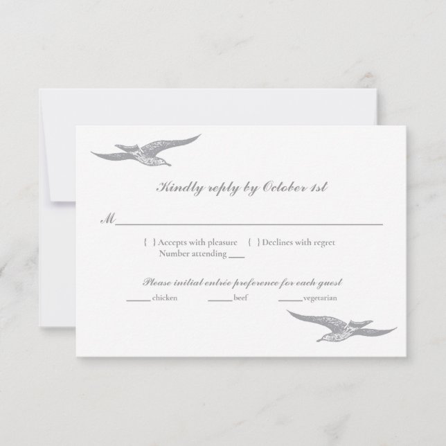 Tarjeta RSVP de ave marina para boda costero (Anverso)